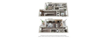 A floor plan of a two-story apartment with dimensions and room labels.
