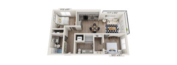 A floor plan of a house with a living room, kitchen, and two bedrooms.