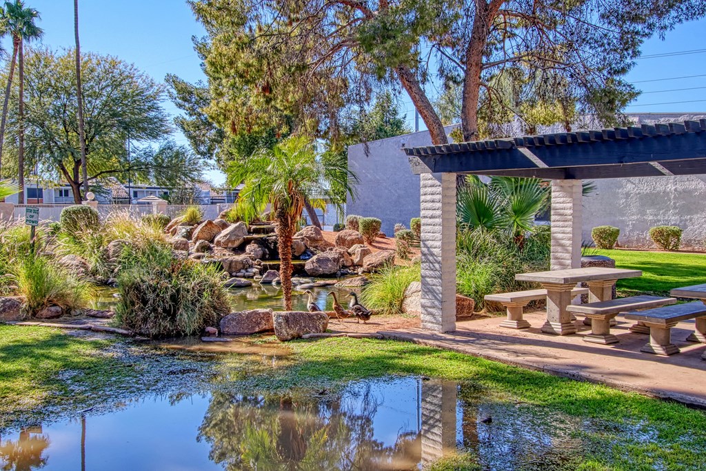 a park with a pond and picnic table