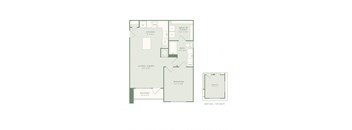 A floor plan of a one bedroom apartment with a balcony.
