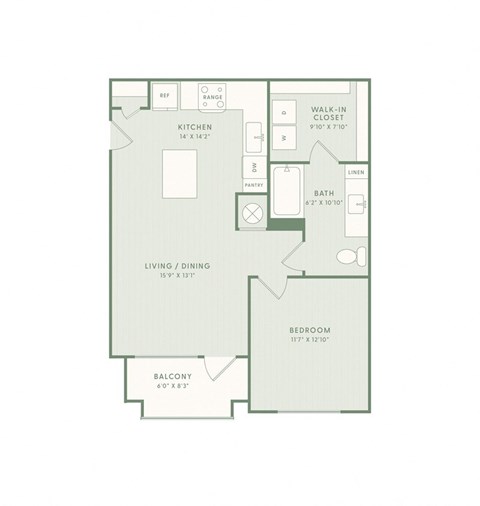 A floor plan of a house with a kitchen, living room, dining room, bedroom, balcony, pantry, and walk-in closet.