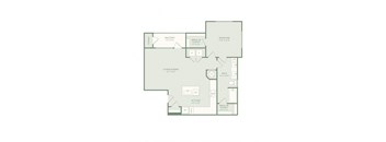 A floor plan of a house with a living room, kitchen, and two bathrooms.