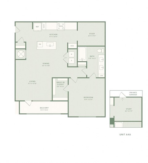 A floor plan of a unit with a living room, dining room, kitchen, study, bedroom, bathroom and balcony.