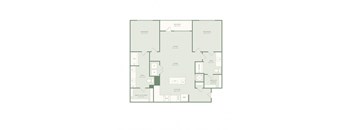 A floor plan of an apartment with two bedrooms, two bathrooms, a living room, a kitchen, and a walk-in closet.