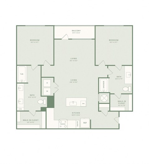 A floor plan of an apartment with two bedrooms, two bathrooms, a living room, a kitchen, and a walk-in closet.