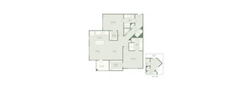 A floor plan of a home with a living area, dining area, kitchen, and three bedrooms.