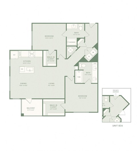 A floor plan of a home with a living area, dining area, kitchen, and three bedrooms.
