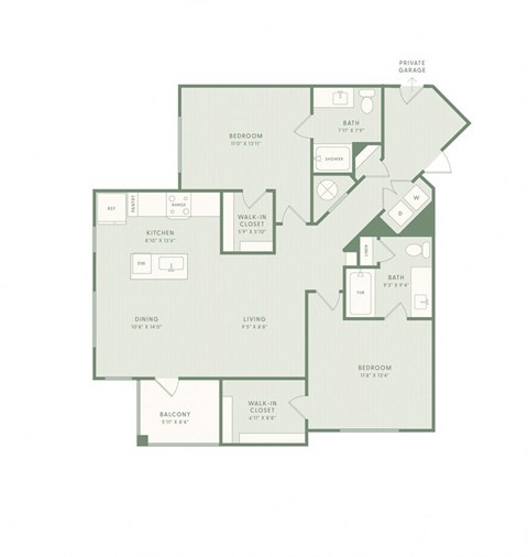 A floor plan of a house with a private garage and three bedrooms.