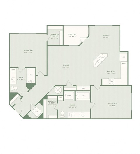 A floor plan of a house with a living room, dining room, kitchen, and two bedrooms.