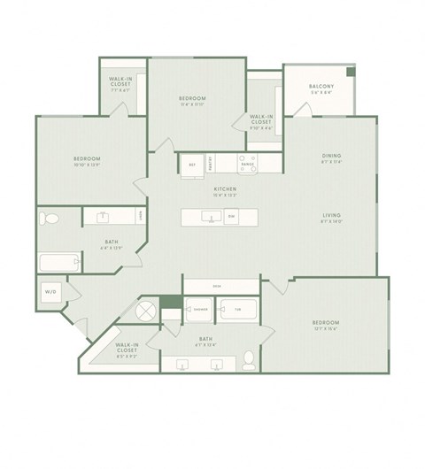 A floor plan of a house with a living room, dining room, kitchen, and four bedrooms.