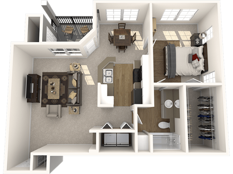 A 3D rendered image of a house layout with a kitchen, living room, and bedrooms.