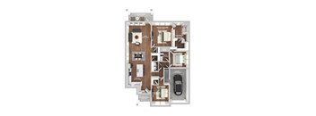 A floor plan of a house with a master bedroom, two bathrooms, a garage, and a covered porch.