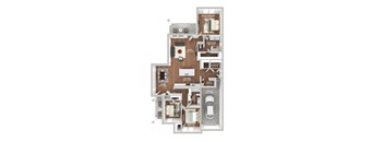 A floor plan of a house with a master bedroom suite, two bathrooms, a living room, a dining room, a kitchen, an office, a garage, and a den.