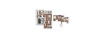 A floor plan of a house with a kitchen, living room, and two bedrooms.