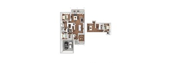 A floor plan of an apartment with two bedrooms, two bathrooms, a living room, a kitchen, and a garage for two cars.