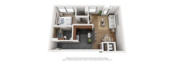 a rendering of the 1 bedroom floor plan with a bathroom and living room