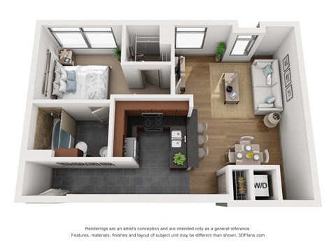 a rendering of the 1 bedroom floor plan with a bathroom and living room