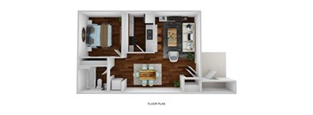 A floor plan of a small apartment with a living room, kitchen, and bathroom.