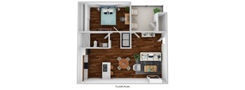 A floor plan of a small apartment with a kitchen, living room, and bathroom.