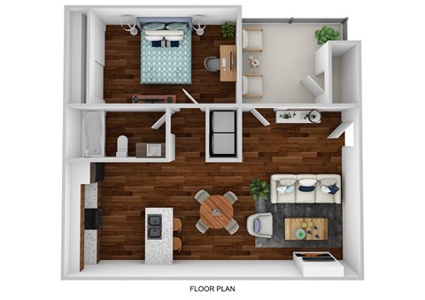 A floor plan of a small apartment with a kitchen, living room, and bathroom.