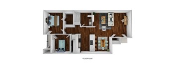 A floor plan of a house with a kitchen, living room, and bathroom.