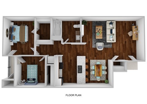 A floor plan of a house with a kitchen, living room, and bathroom.