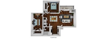 A floor plan of a house with a living room, kitchen, and two bedrooms.