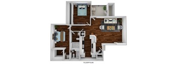 A floor plan of a small apartment with a bedroom, living room, and bathroom.