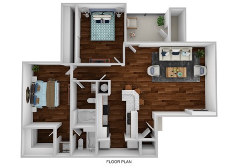 A floor plan of a small apartment with a bedroom, living room, and bathroom.