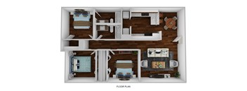 A floor plan of a two-bedroom apartment with a living room and kitchen.