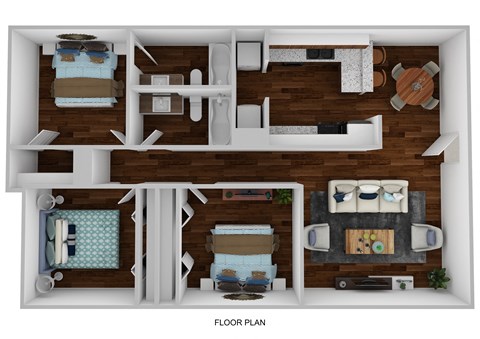 A floor plan of a two-bedroom apartment with a living room and kitchen.