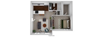 A floor plan of a small apartment with a kitchen, living room, and bedroom.