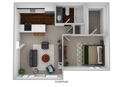 A floor plan of a small apartment with a kitchen, living room, and bedroom.