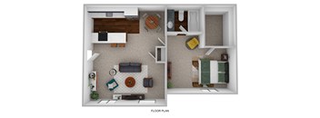 A floor plan of a small apartment with a kitchen, living room, and bedroom.