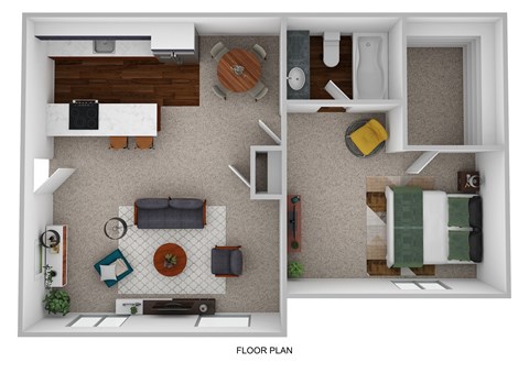 A floor plan of a small apartment with a kitchen, living room, and bedroom.
