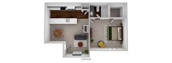 A floor plan of a small apartment with a kitchen, living room, and bathroom.