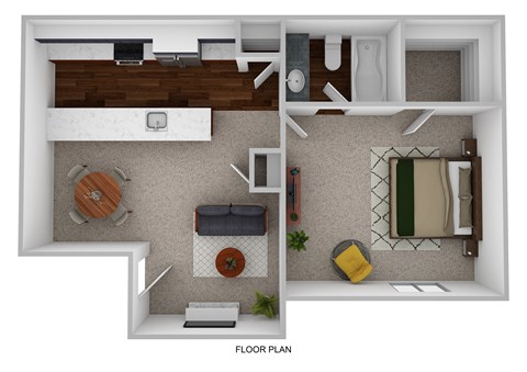A floor plan of a small apartment with a kitchen, living room, and bathroom.