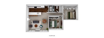 A floor plan of a house with a living room, kitchen, and bedrooms.