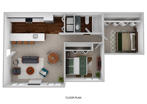 A floor plan of a house with a living room, kitchen, and bedrooms.