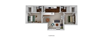 A floor plan of a small apartment with a kitchen, living room, and two bedrooms.