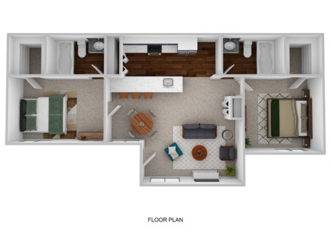 A floor plan of a small apartment with a kitchen, living room, and two bedrooms.