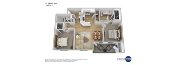 a stylized 3d floor plan with a bedroom and living room