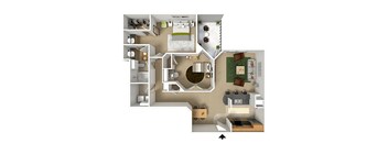 A top-down view of a house layout with a living room, kitchen, and bedrooms.