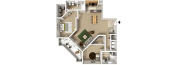 A 3D floor plan of a house with a green lawn and a brown roof.