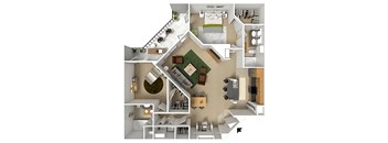 A top-down view of a house layout with a living room, kitchen, dining area, and bedrooms.
