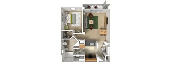 A 3D floor plan of a house with a kitchen, living room, and bedrooms.