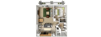 A top-down view of a small apartment with a kitchen, living room, and bedroom.