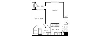 A black and white image of a floor plan for a house with a living room, kitchen, bedroom, bathroom, and closet.