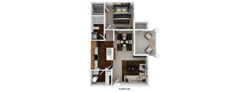 A floor plan of a small apartment with a kitchen, living room, and bedroom.