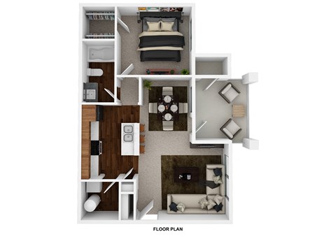 a stylized floor plan with a bedroom and a living room